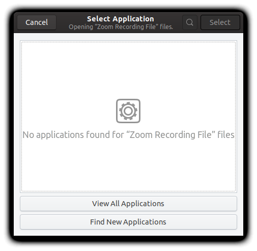 ‘Select Application’ window with an empty application list. Below the list are two buttons ‘View All Applications’ and ‘Find New Applications’