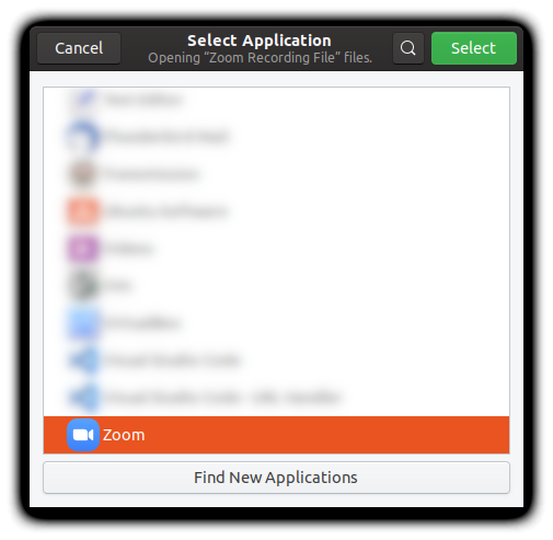 ‘Select Application’ window with a list of all applications. The entry ‘Zoom’ is selected.