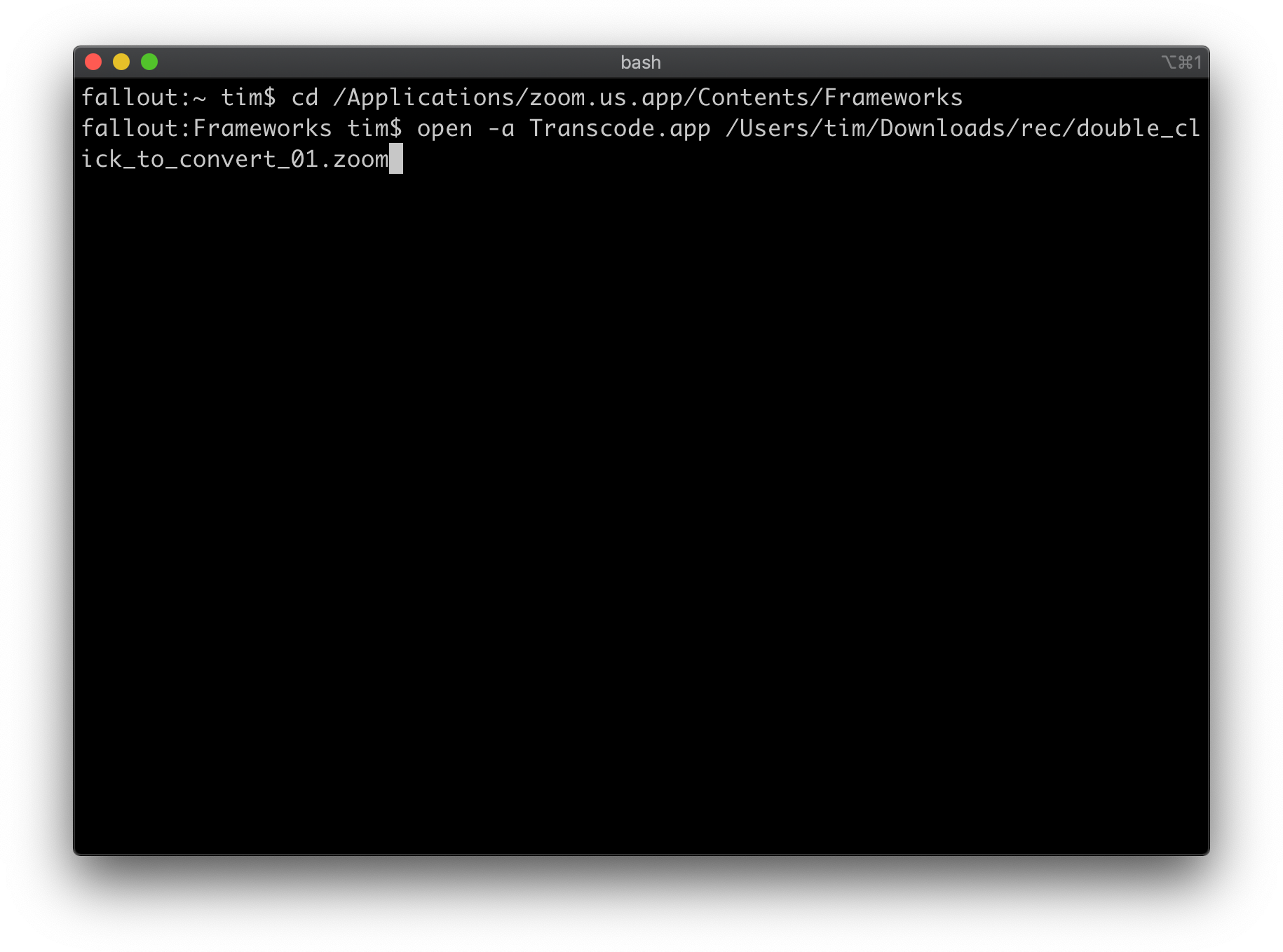 Terminal window with two command typed in. The first command is ‘cd /Applications/zoom.us.app/Contents/Frameworks’ and the second one is ‘open -a Transcode.app /Users/tim/Downloads/rec/double_click_to_convert_01.zoom’