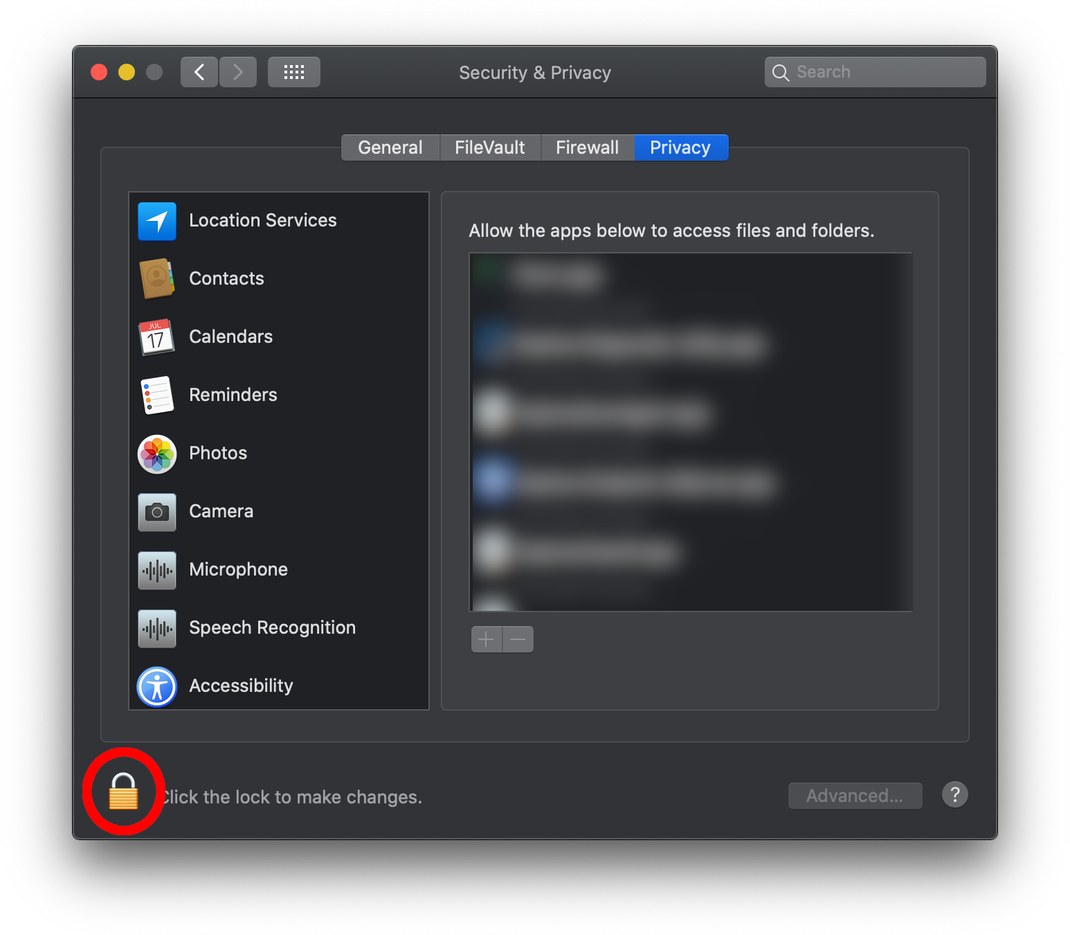 The Security & Privacy config window from macOS. A red circle highlights the lock symbol in the bottom left corner.