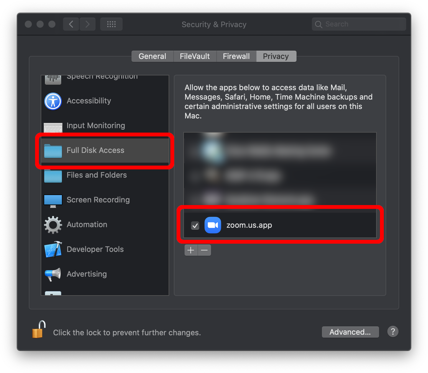 The Security & Privacy config window with the lock unlocked. In the left list the entry ‘Full Disk Access’ has been selected, in the right list the checkbox near ‘zoom.us.app’ has been enabled. Red borders highlight both selections.