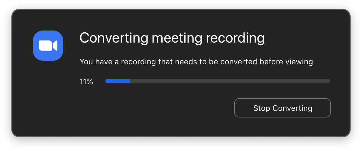 A Zoom windows showing the conversion progress. The title reads ‘Converting meeting recording’, the text reads ‘You have a recording that needs to be converted before viewing’.