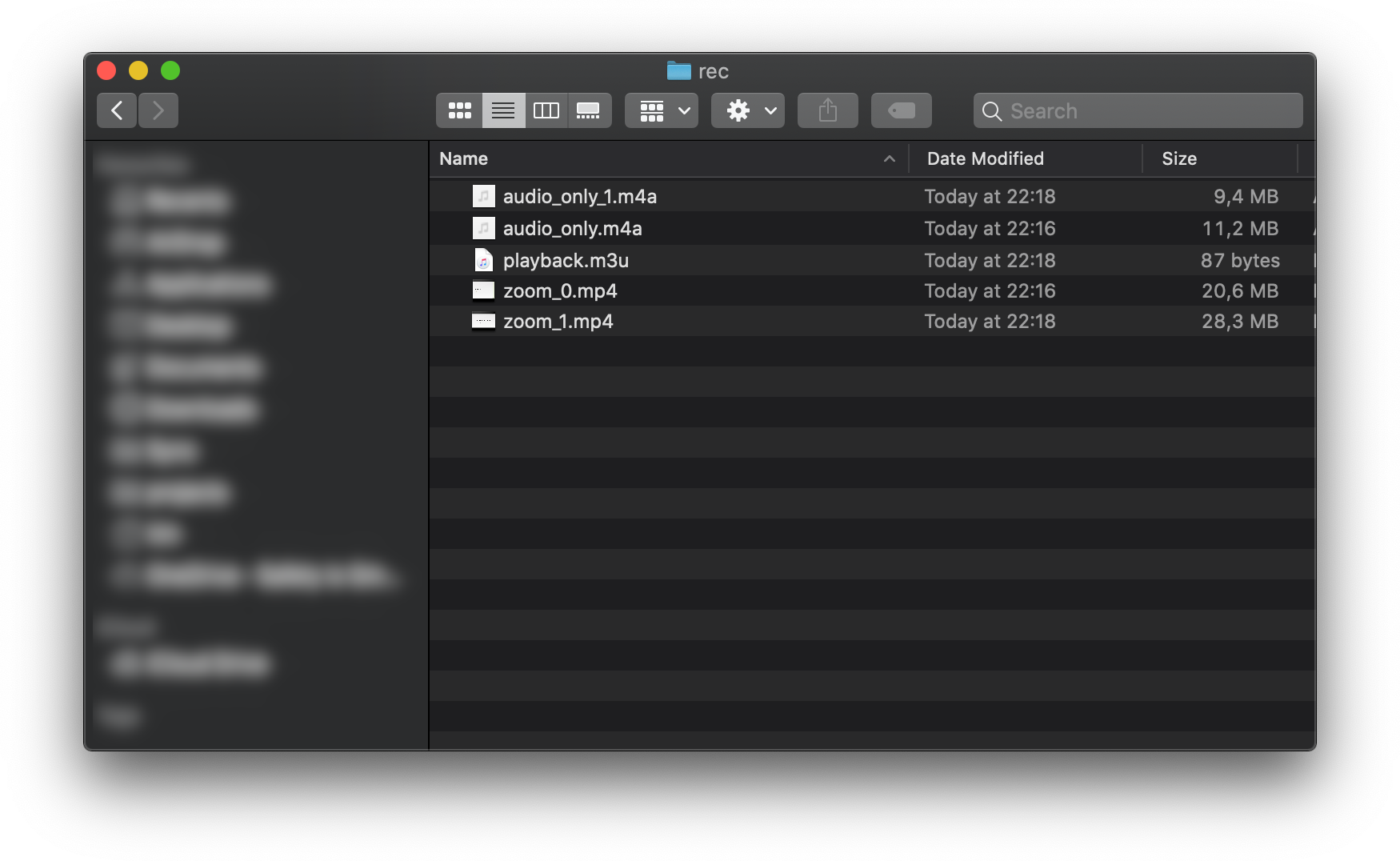 A Finder window with the converted recordings, the files are: ‘audio_only_1.m4a’, ‘audio_only.m4a’, ‘playback.m3u’, ‘zoom_0.mp4’, ‘zoom_1.mp4’