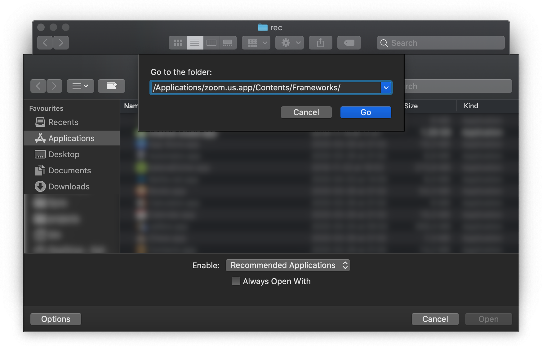 The macOS app selection with an open ‘Go to folder’ dialog. The path ‘/Applications/zoom.us.app/Contents/Frameworks/’ has been typed in.