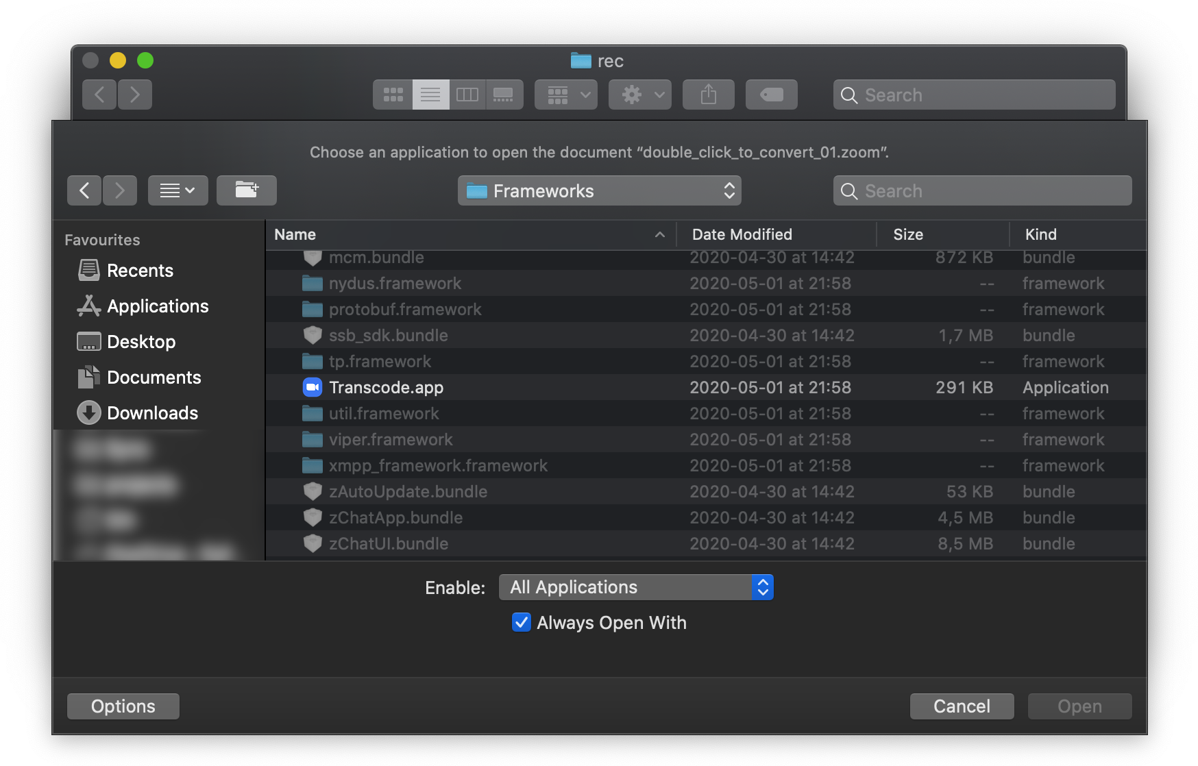 The macOS app selection with the folder ‘Frameworks’ open. The file ‘Transcode.app’ is visible. The ‘Enable:’ is set to ‘App Applications’ and ‘Always Open With’ is checked.
