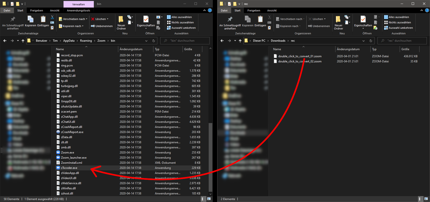 Two Explorer windows, side by side. An arrow indicated to drag the ‘.zoom’ file from the right window onto the ‘zTscoder.exe’ in the left window.