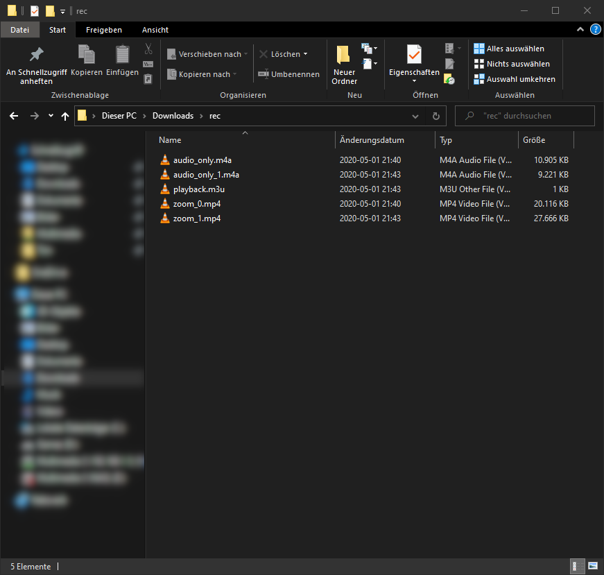 An Explorer window with the converted files, the names are: ‘audio_only.m4a’, ‘audio_only_1.4a’, ‘playback.m3u’, ‘zoom_0.mp4’, ‘zoom_1.mp4’