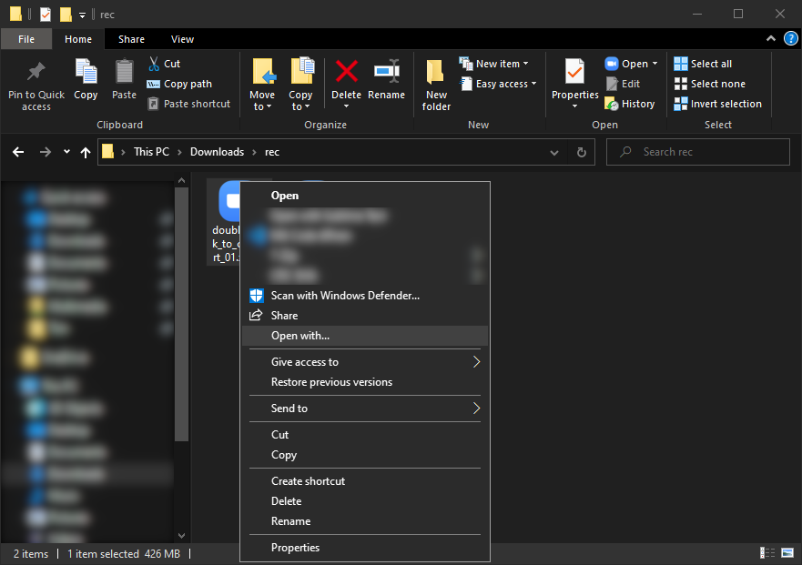 Explorer window with the .zoom files. The context menu of the first file is open and ‘Open with…’ is highlighted.