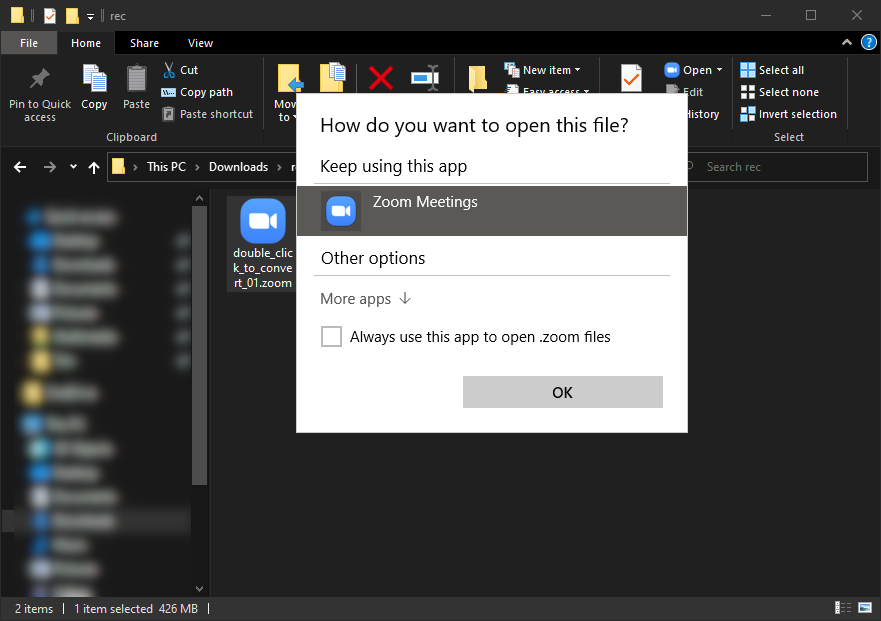 The ‘How do you want to open this file?’ dialog window. Under ‘Keep using this app’ is the ‘Zoom Meetings’ app selected. Below is the ‘Other options’ sections with a button ‘More apps’.