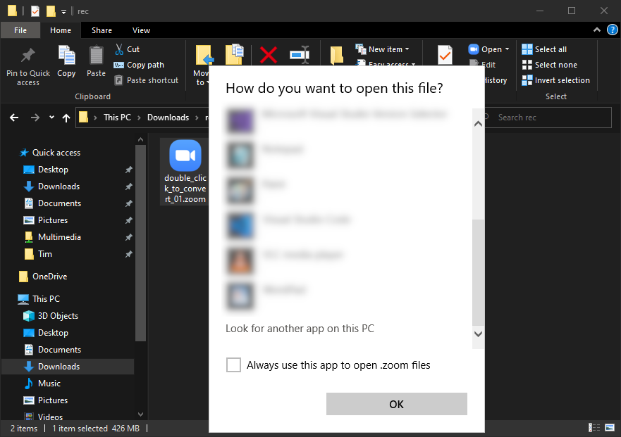 The ‘How do you want to open this file?’ dialog window with the whole apps list. It’s scrolled down to the ‘Look for another app on this PC’ entry.