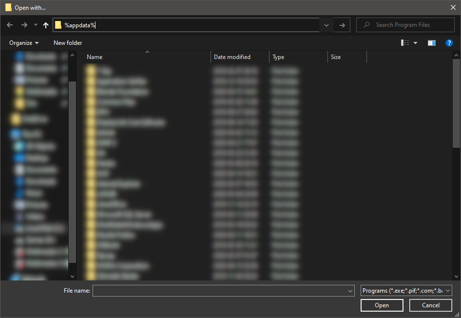 A ‘Open with…’ window with ‘%appdata%’ typed into the path input box.