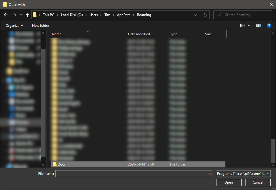 The ‘Open with…’ window with the path ‘ThisPC > Local Disk (C:) > Users > Tim > AppData > Roaming’ and the folder ‘Zoom’ highlighted.