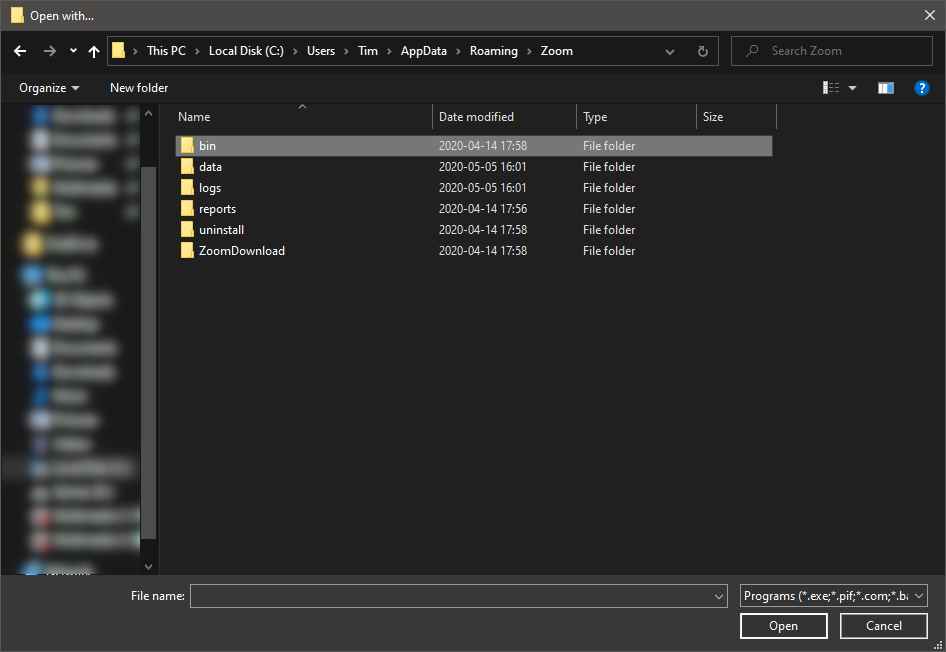 The ‘Open with…’ window with the path ‘ThisPC > Local Disk (C:) > Users > Tim > AppData > Roaming > Zoom’ and the folder ‘bin’ highlighted.