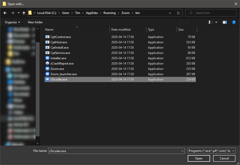 The ‘Open with…’ window with the path ‘ThisPC > Local Disk (C:) > Users > Tim > AppData > Roaming > Zoom > bin’ and the file ‘zTcoder.exe’ highlighted.